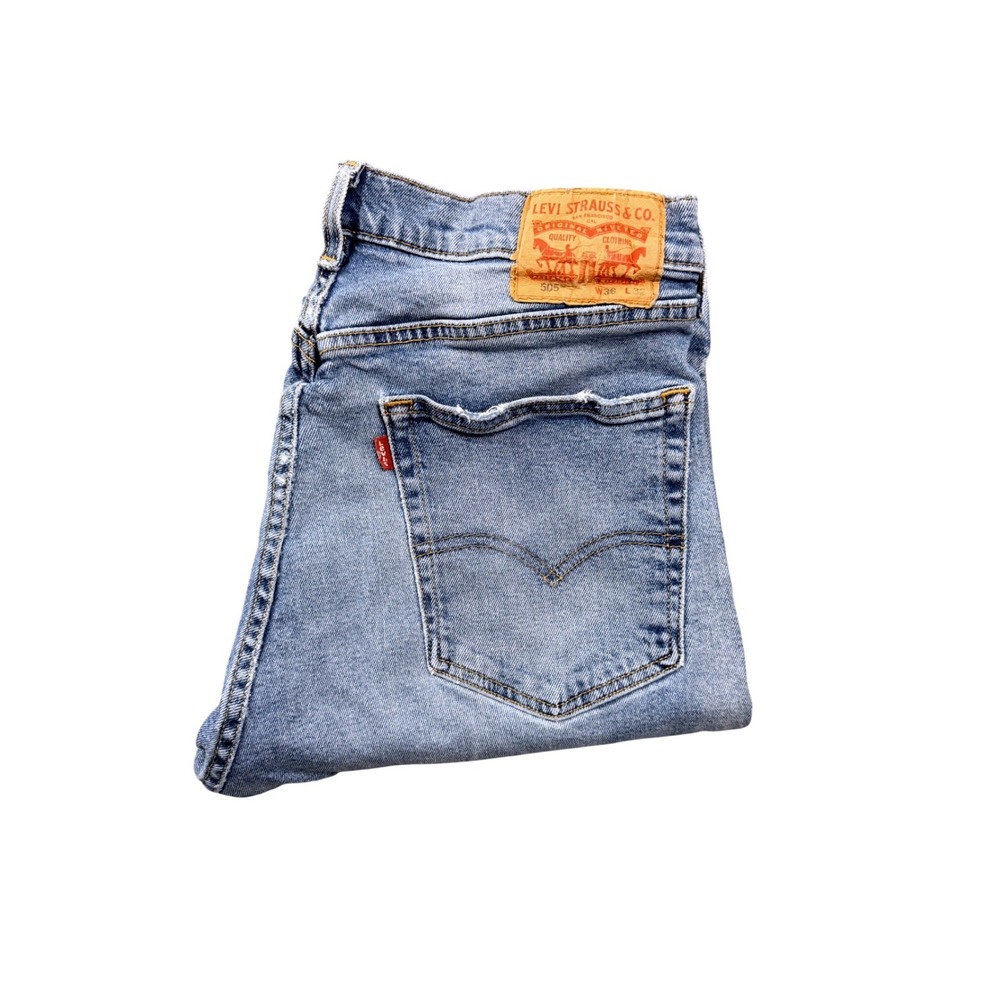 Levis 505 Regular Fit Light Wash Blue Distressed Denim Jeans Mens 36x32